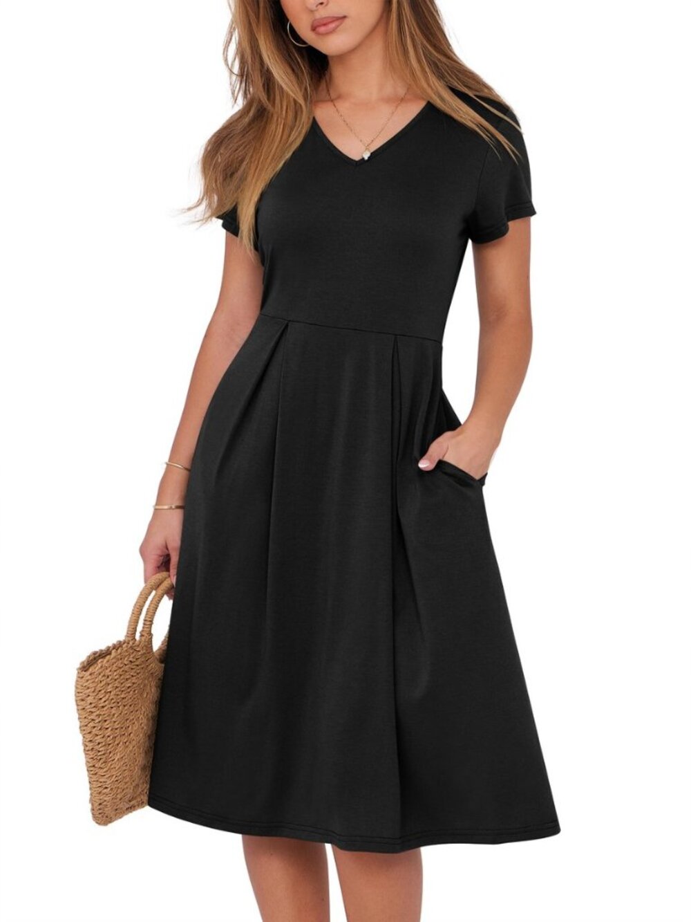 Women Summer Casual Short Sleeve A Line Midi Dresses with Pocket